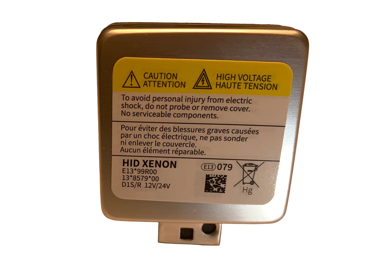 D1S HID xenon bulb with warning label on a white background